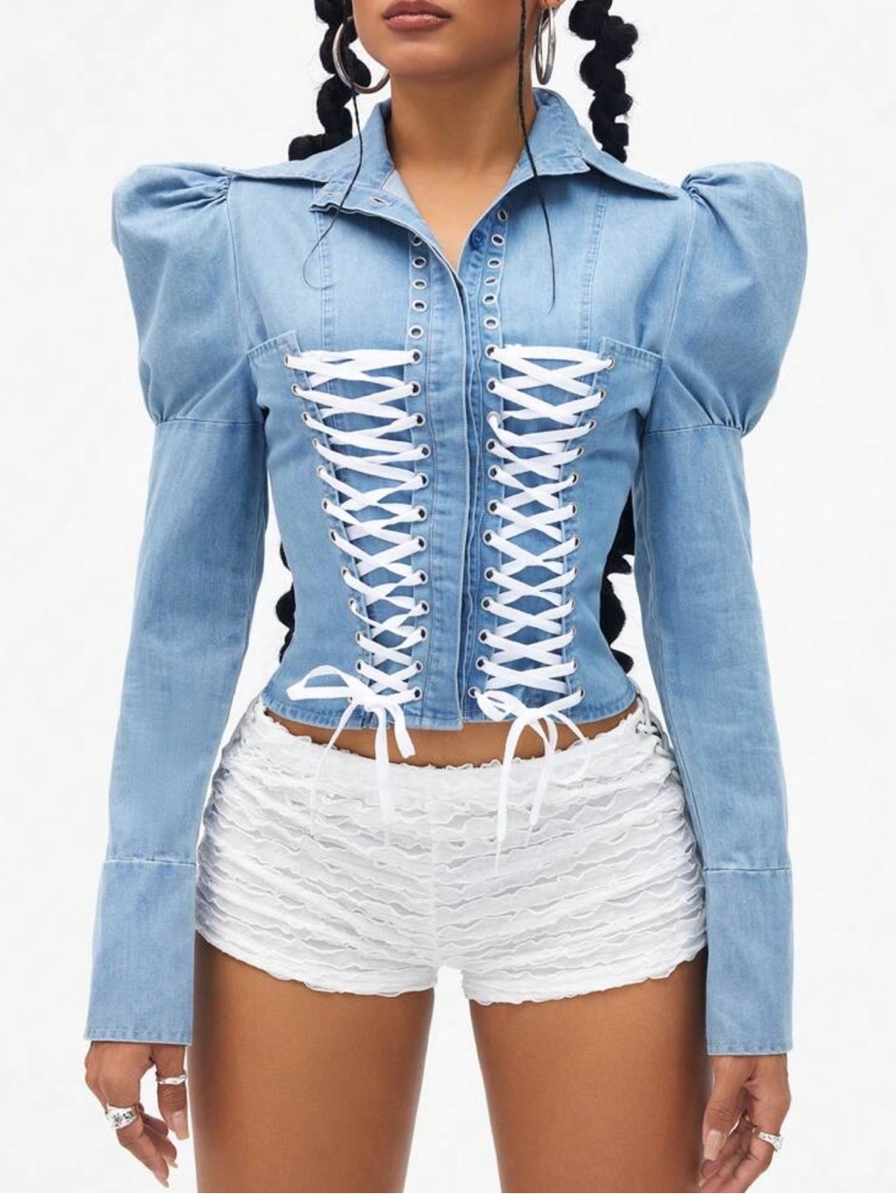 Denim blouse with corset detail lace up front puffy shoulders snatched waist - Picture 1 of 4